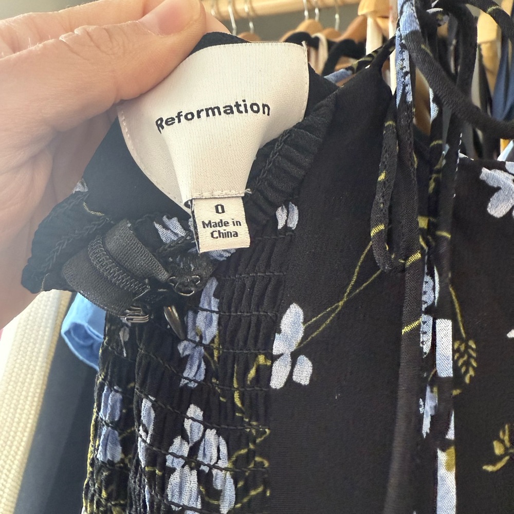 Reformation Black Dress with Blue Floral Design